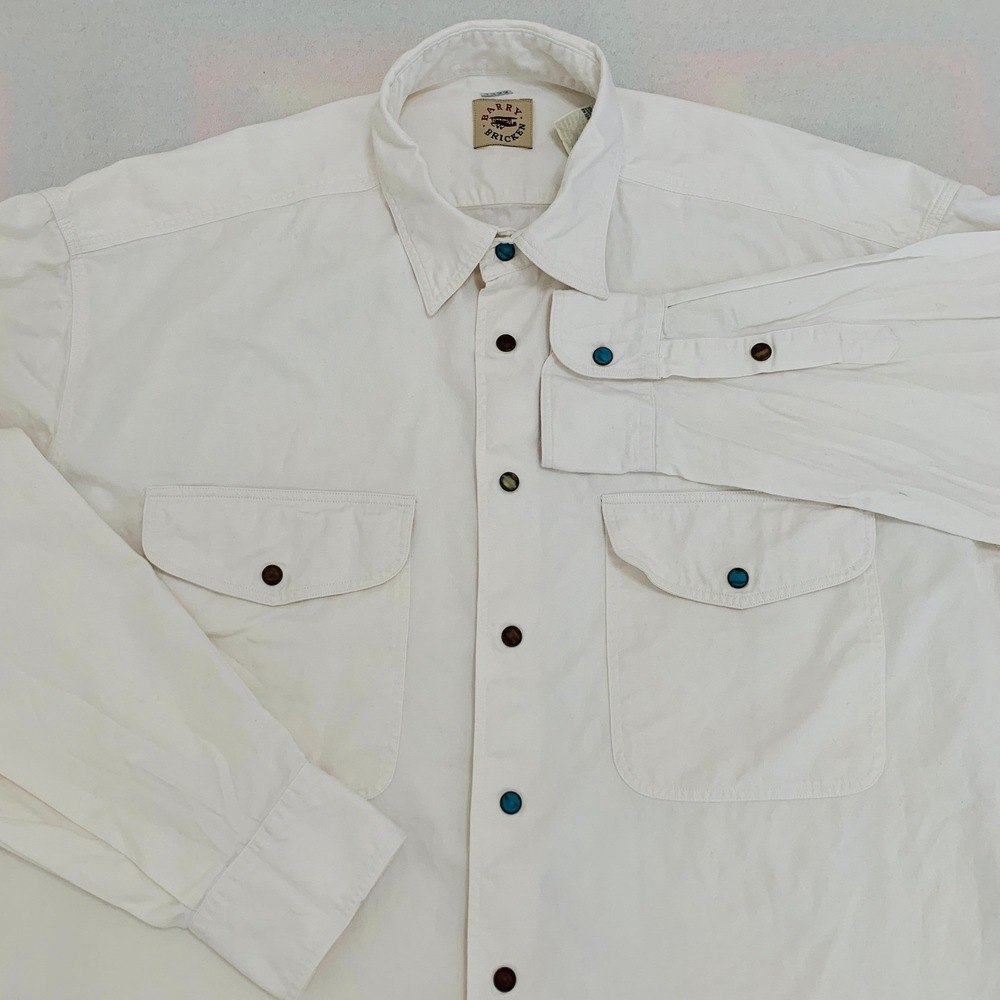 Barry Bricken Men's L White Long Sleeve Snap Button Up Western 100% Cotton Shirt